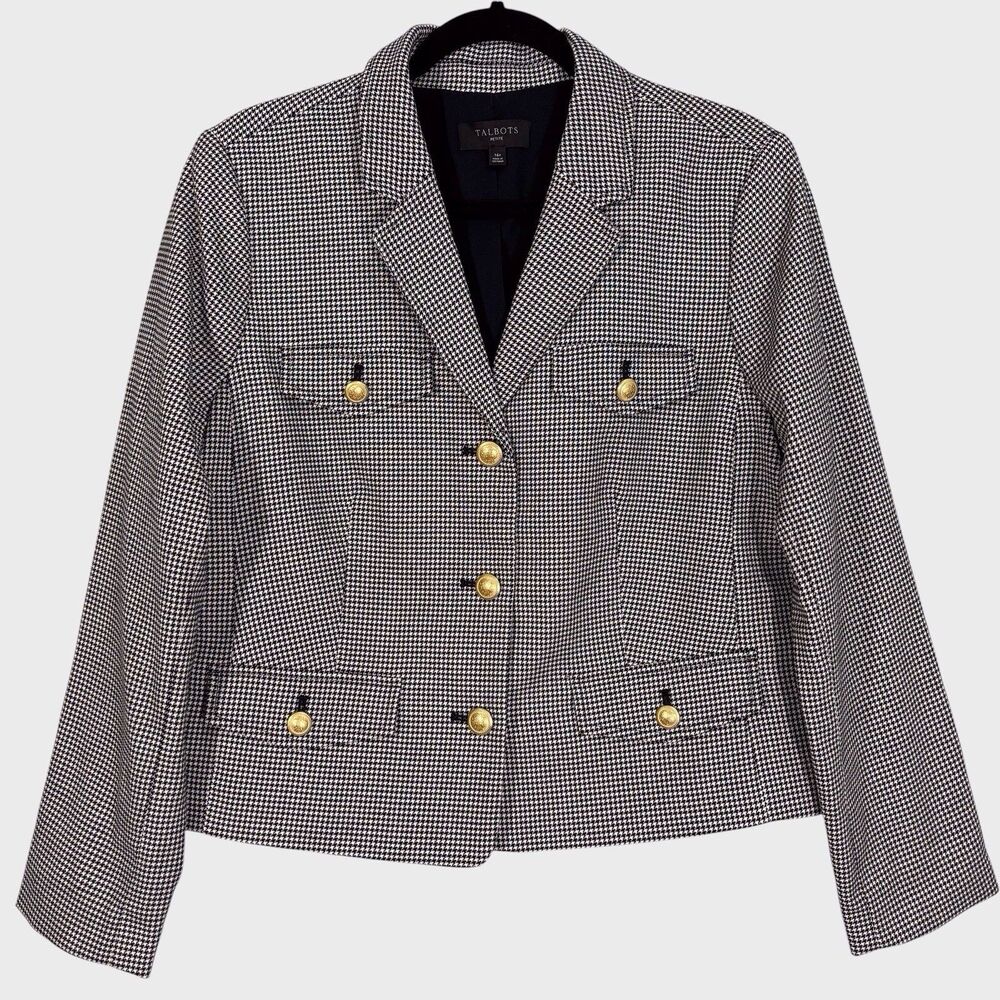 Talbots Black and White Houndstooth Blazer with Gold Buttons Size 16P